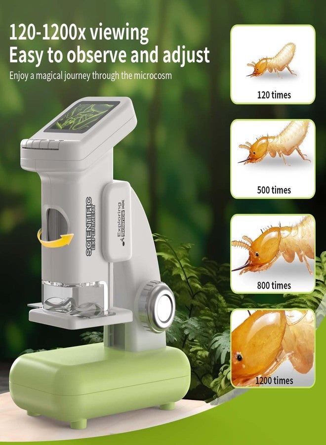 WSDMIC 1200X Microscope for Kids with 2 inch Screen STEM Digital Science Kit Rechargeable Handheld Mini Pocket Children Students Slides Portable Gift for Kids Ages 6 to 12 (Green) - Image 2